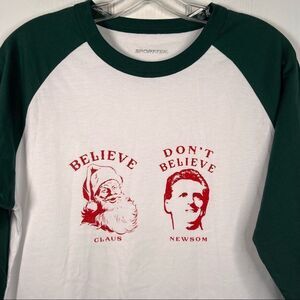 Don’t Believe Gavin Newsom Roast Raglan Sleeve Tshirt Sz S Christmas
